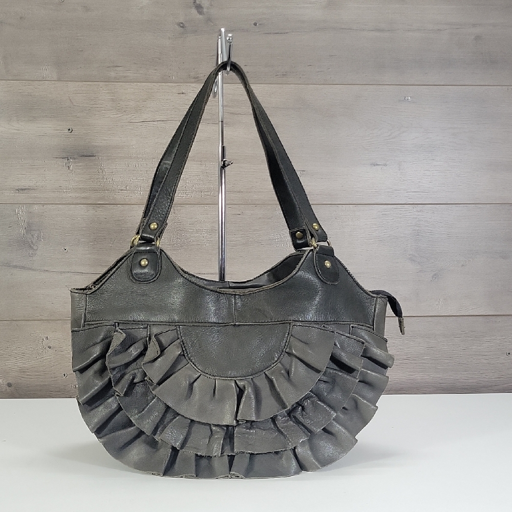 Lucky Penny for Anthropologie Ruffled Gray Leather Shoulder Tote Bag